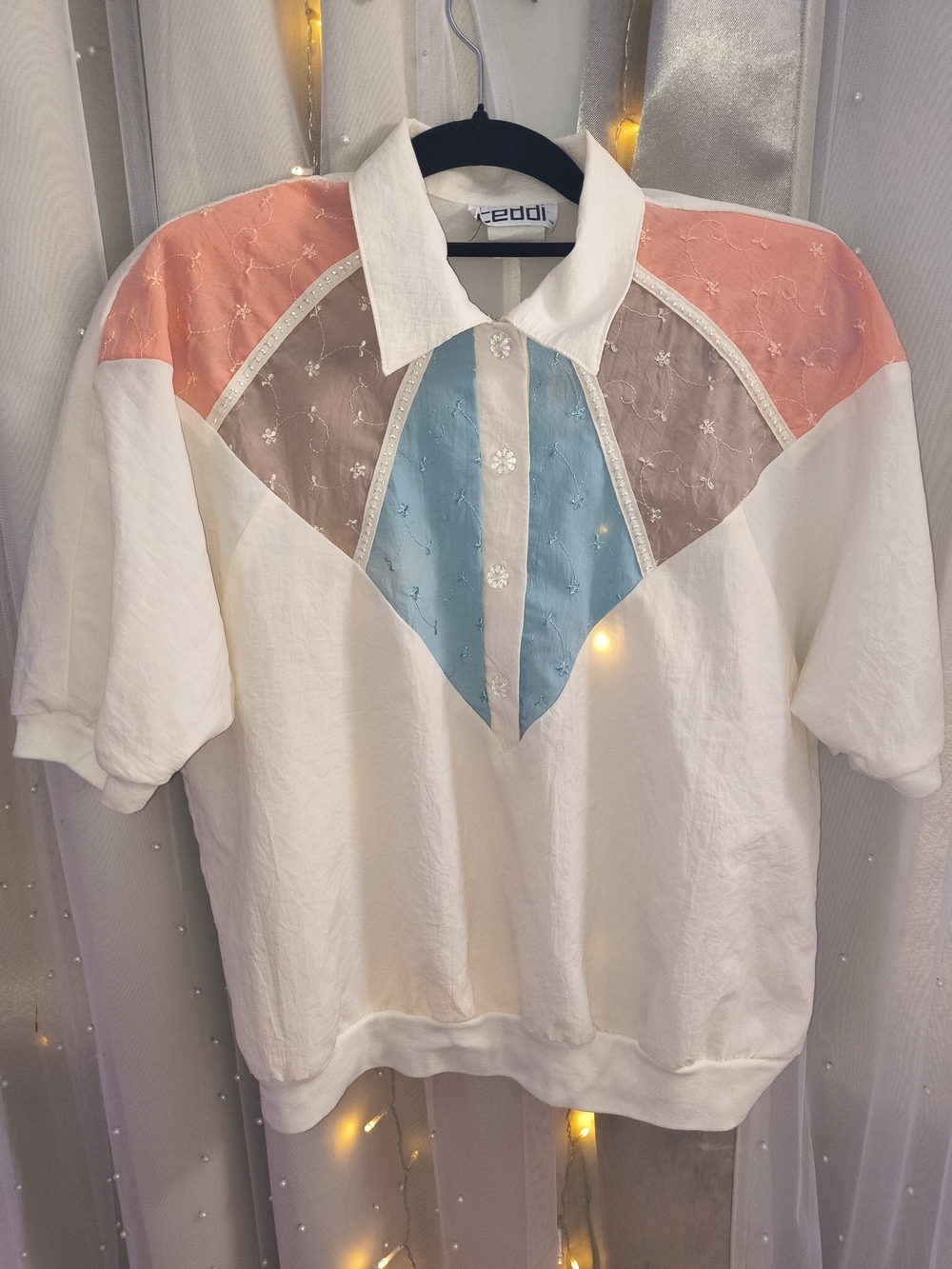 Vintage Teddi Sheer Embroidered Colorblock Blouse Top Retro Pastel